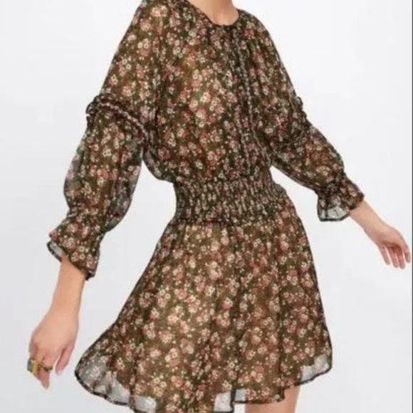 Zara Dresses & Skirts - Zara ruffle floral beaded smock peasant mini dress
